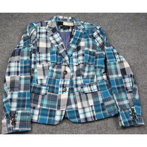 Talbots Blazer Womens 10 Blue Patchwork‎ Madras Plaid Cotton Two Button Lined